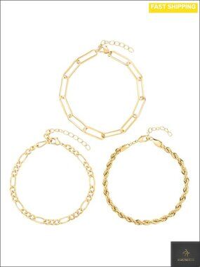 14K Gold-Plated Bracelet Stack Set with Paperclip Rope Figaro Chains